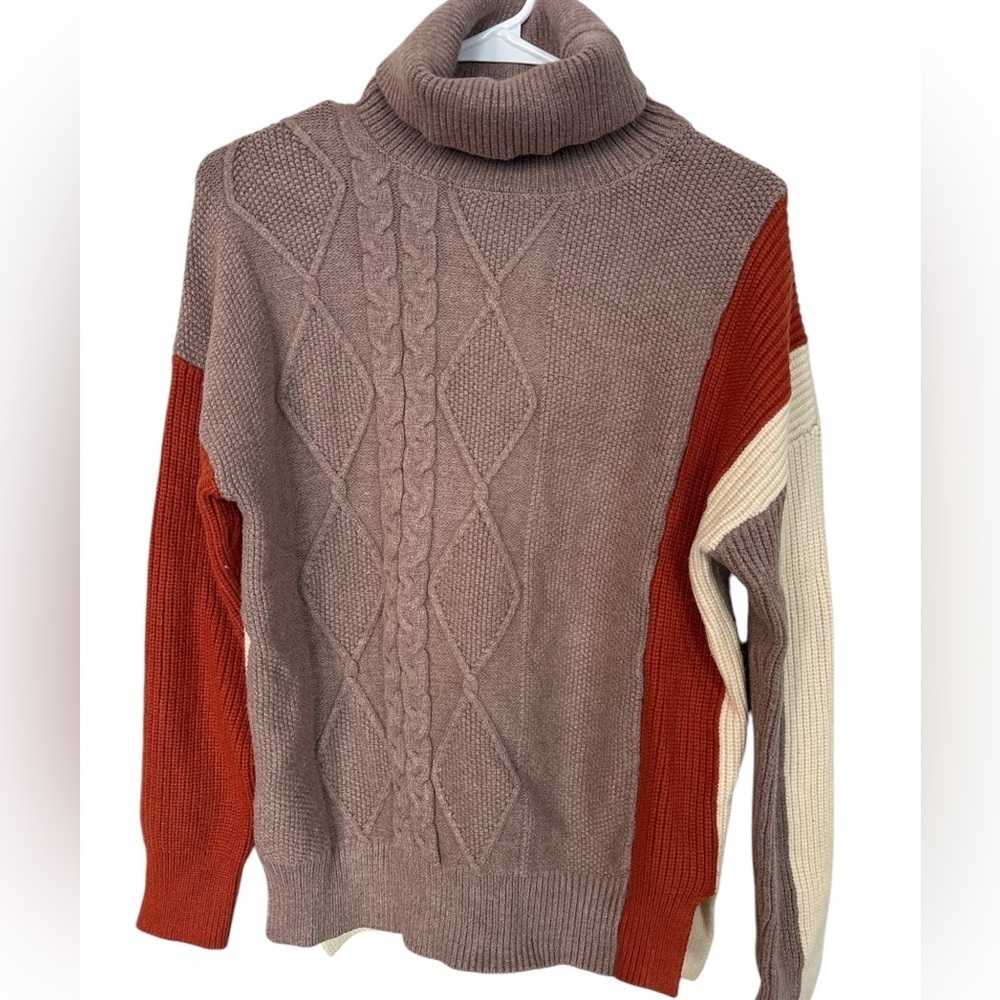 C+D+M Womens M Cream Colorblock Cable Knit Tunic Sweater Turtleneck Long Sleeve